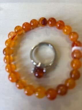 Vibrant Orange Agate Bead Stretch Bracelet with Coordinating Stone Ring Set